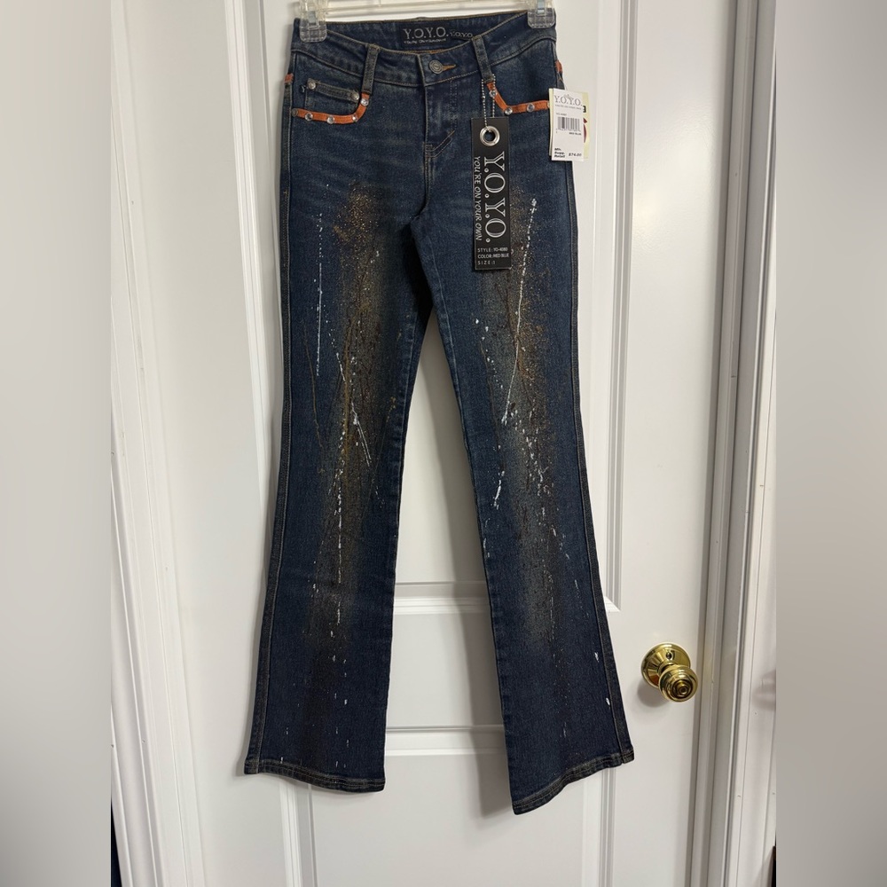NWT Vintage Y2K YoYo Low Rise Bootcut Jeans Paint Splatter Sparkle Juniors Sz 1